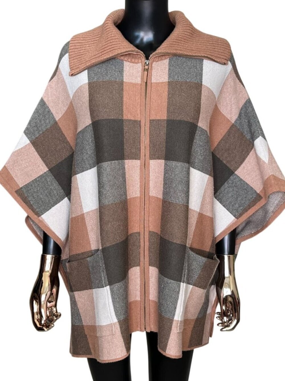 Tahari Plaid Zip Front Poncho Cape Sweater S/M Beige Brown Cream Soft - Picture 2 of 11